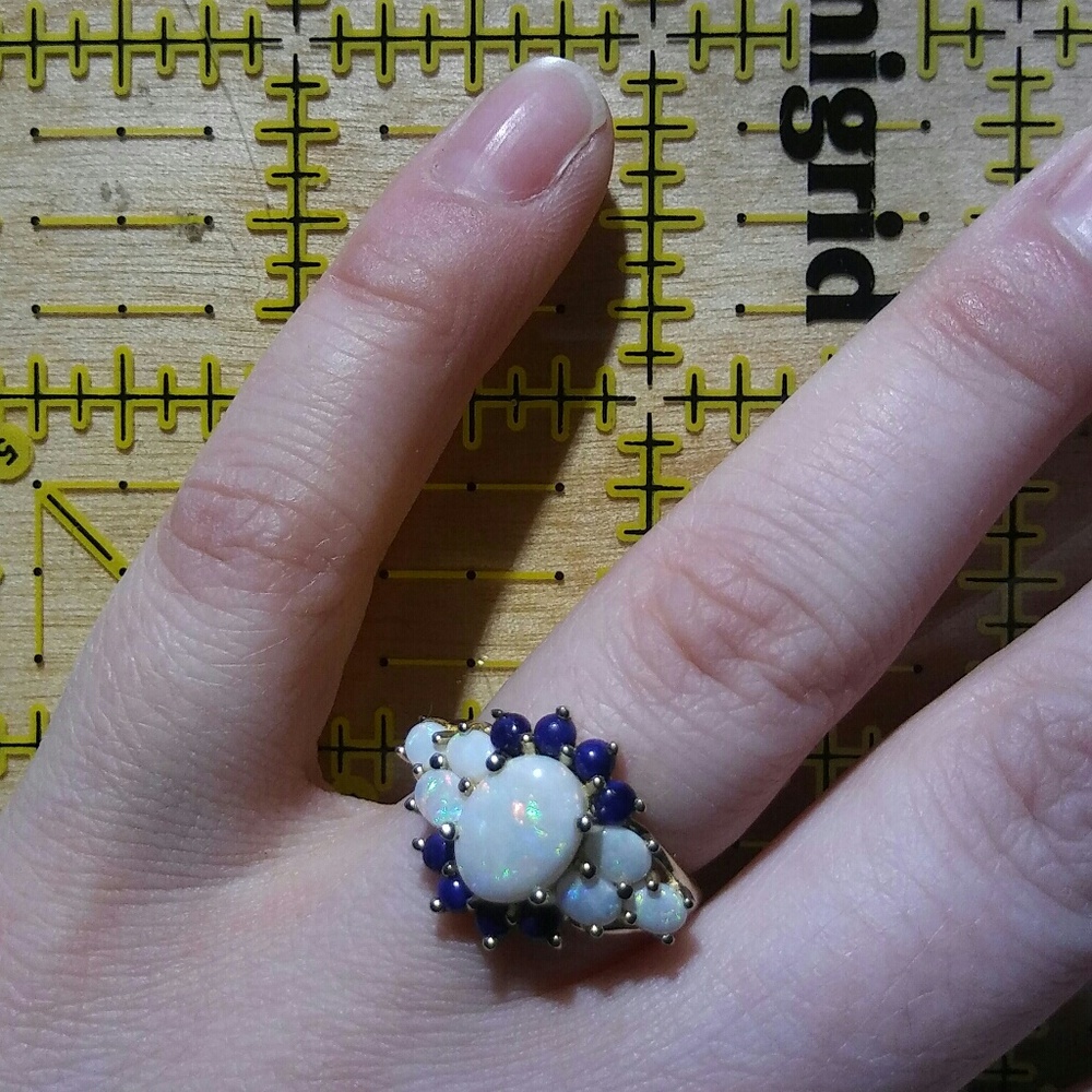 MORE PHOTOS, 14K gold, opal and lapis ring
